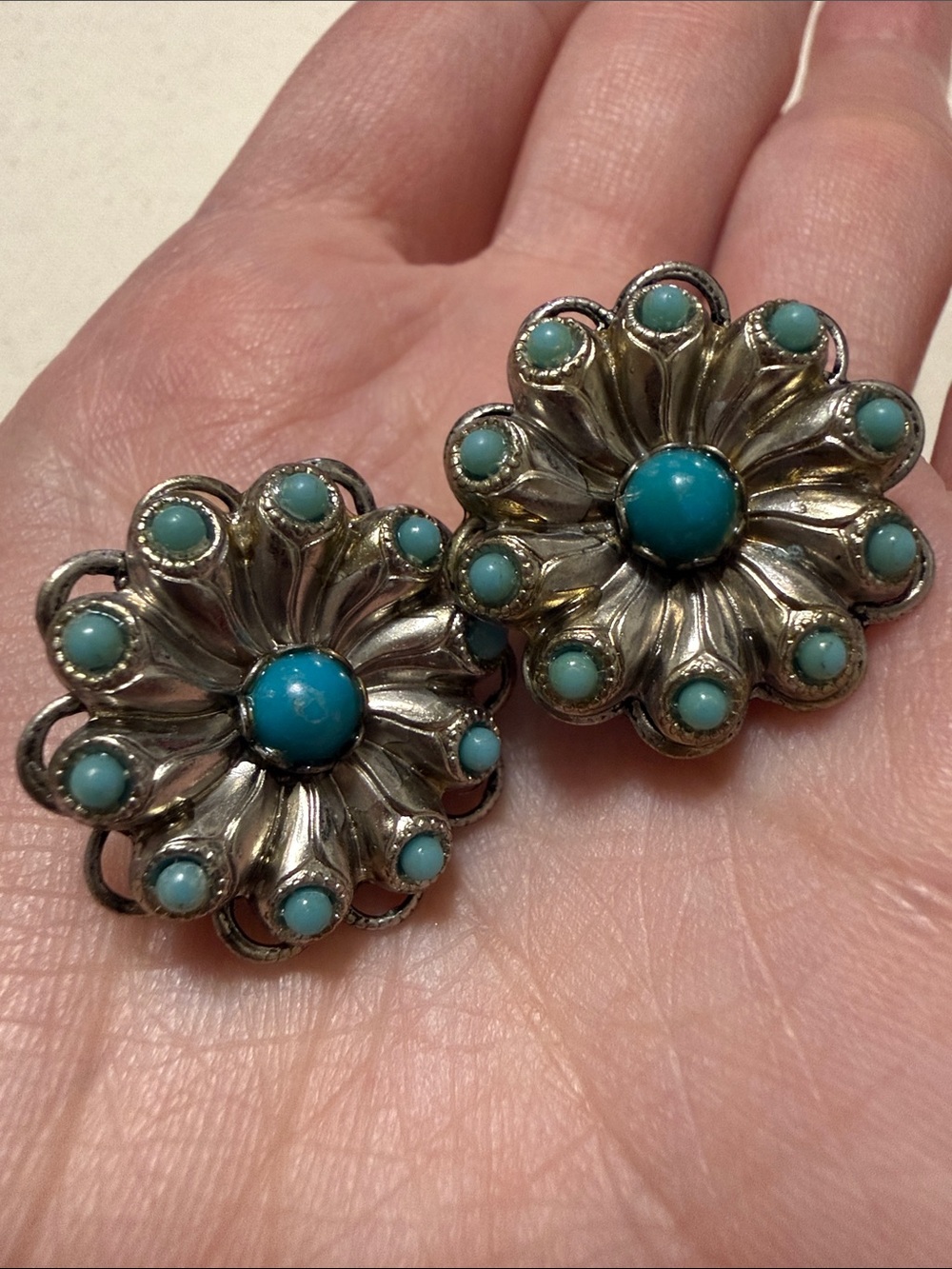 Vintage Floral Faux Turquoise Button clip on Earrings